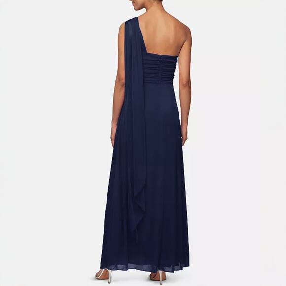 Alex Evenings Blue One Shoulder Draped Empire Waist Chiffon Formal Dress Size 10 - Picture 2 of 9